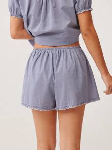 WESTFADE Summer Cotton Gingham Checkered Plaid & Lace Elasticized Waist Relaxed A-Line Ruffle Hem Cute Cowgirl Shorts Spring Beach Vacation - Royal Blue - View 5