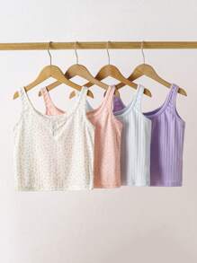 4 pièces/Set Top de Camisole d'été/printemps pour filles en grande taille, à pois et fleurs de style marguerite, multicolore blanc/rose/jaune