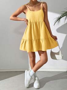 SHEIN EZwear 女式夏季梭织露背吊带裙 - 黃色 - 查看 4