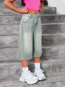 SHEIN 少女Y2K复古水洗斜插口袋宽松直筒七分牛仔裤，夏季黑色校园街头风服装