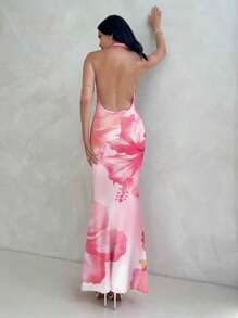 Aloruh Pink Hibiscus Flower All Over Print Draped Neck Women's Casual Summer Vacation Music Festival Long Dress Hibiscus Dress Floral Dress Resort Wear Scarf Dress 3d Floral Dress Suitable For Going Out Chic Dress - Multicolor - View 2