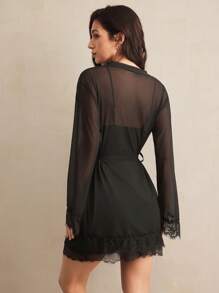 Charlaine Women's Sexy Lingerie Set, Includes Camisole, Dress & Mesh Cardigan - Black - View 7