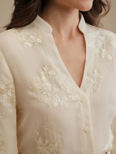 Anewsta Elegant Stand Collar Design Embroidered Women's Blouse, Business Casual Office