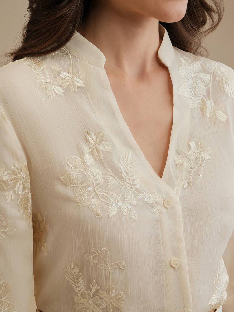 Elegant Stand Collar Design Embroidered Women's Blouse, Business Casual Office