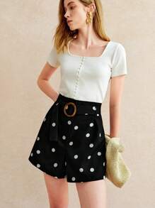 Écloséra Damen lässige Shorts mit Polka Dot Muster und Ringgürtel