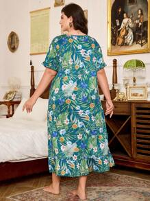 Trezura Camisón de manga corta con estampado floral y dobladillo con volantes para tallas grandes