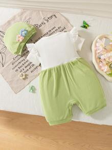 SHEIN Playful Pals 2 件女婴夏季时尚套装：可爱 3D 花卉刺绣荷叶边袖连体衣和帽子 - 綠色 - 查看 3