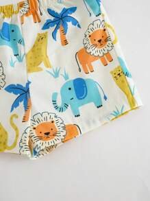 Cozy Pixies Set de 2 piezas para niño bebé: parte superior de manga corta de cuello redondo suave con estampado de animales de dibujos animados y pantalones cortos de cintura elástica