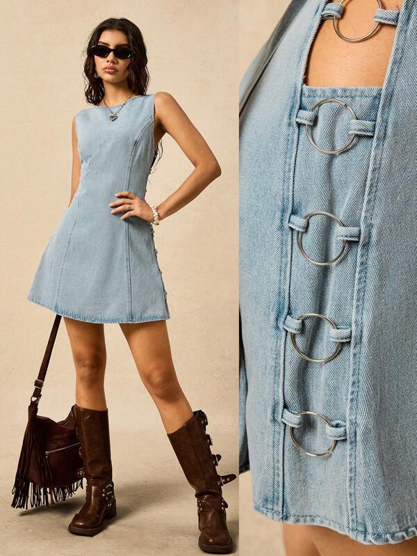 Easelle Rochie albastră din denim spălat, culoare deschisă, spălată, de vară, pentru exterior