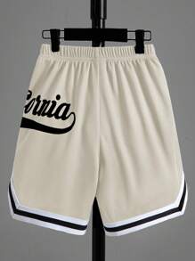 SHEIN Pantalones cortos deportivos de punto con diseño de patrón deportivo con ajuste holgado para niño preadolescente, pantalones cortos de baloncesto