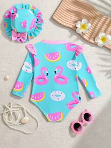 Baby Girl Cute Printed One-Piece Swimsuit Toddler Girl Long Sleeve Swimsuit Toddler Rash Guard Girl Toddler Girl Swimsuit With Hat Flamingo Swimsuit Toddler Girl Two Piece Swimsuit Toddler Girl