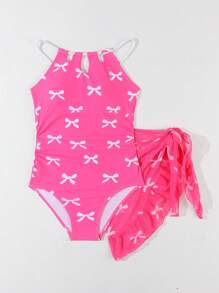 Conjunto informal de 2 piezas de traje de baño de una sola pieza para niña preadolescente con estampado de mariposa conectado con malla - Rosa - Ver 5
