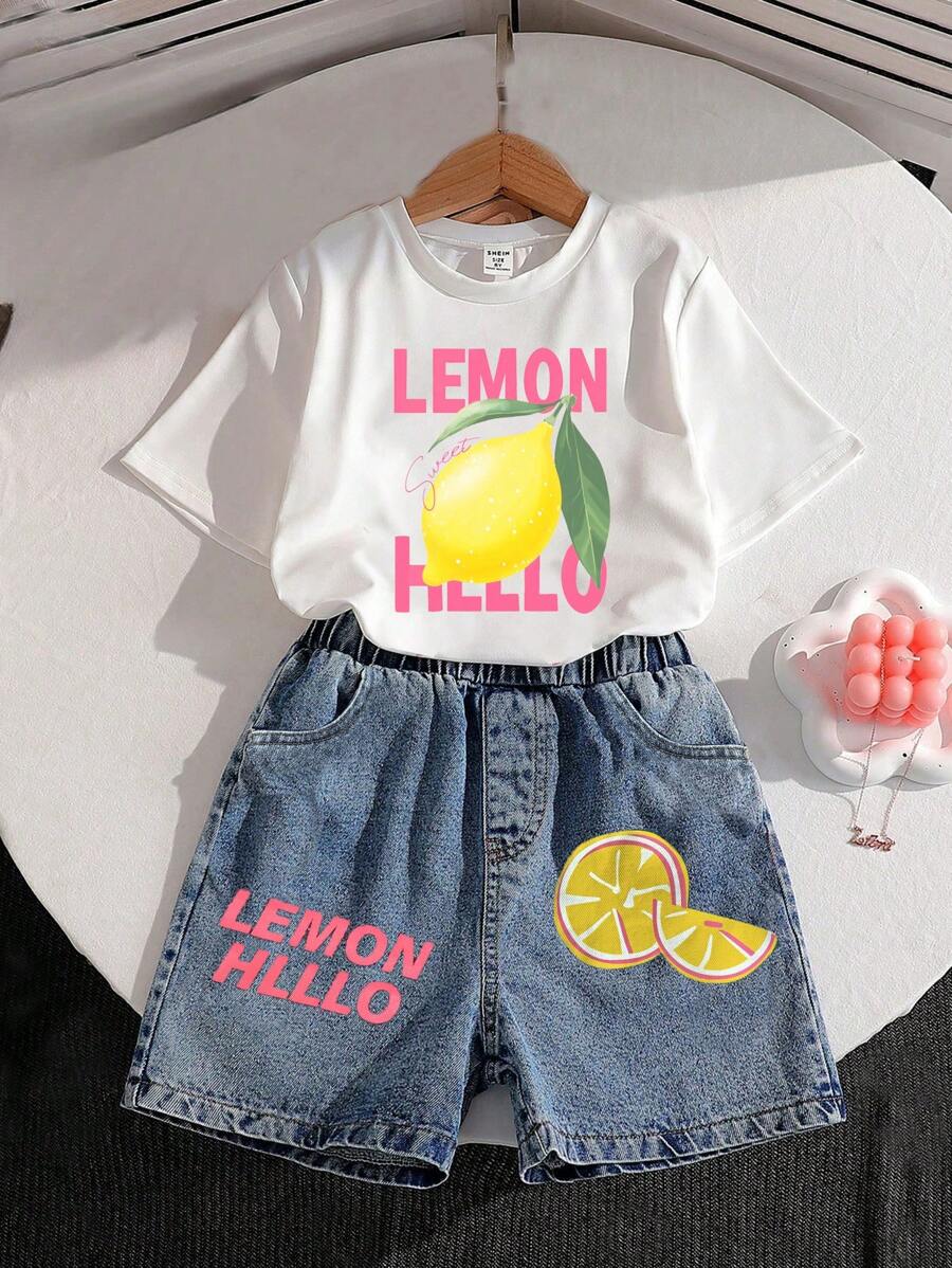 SHEIN 女童中大童两件套，蝴蝶结印花短袖T恤上衣+刺绣蝴蝶短裤，夏季 - 白色 - 查看 1