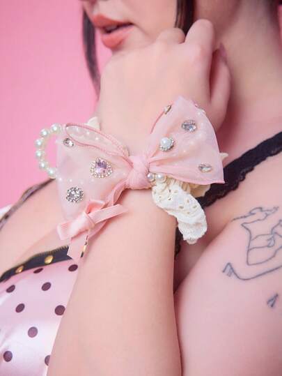 J-Fashion 1pc Korean Style Bling Rhinestone, Pearl & Tulle Bow Scrunchie, Cute & Elegant Hair Accessory Hair Tie Ponytail Holder Hair Elastic Hair Rope