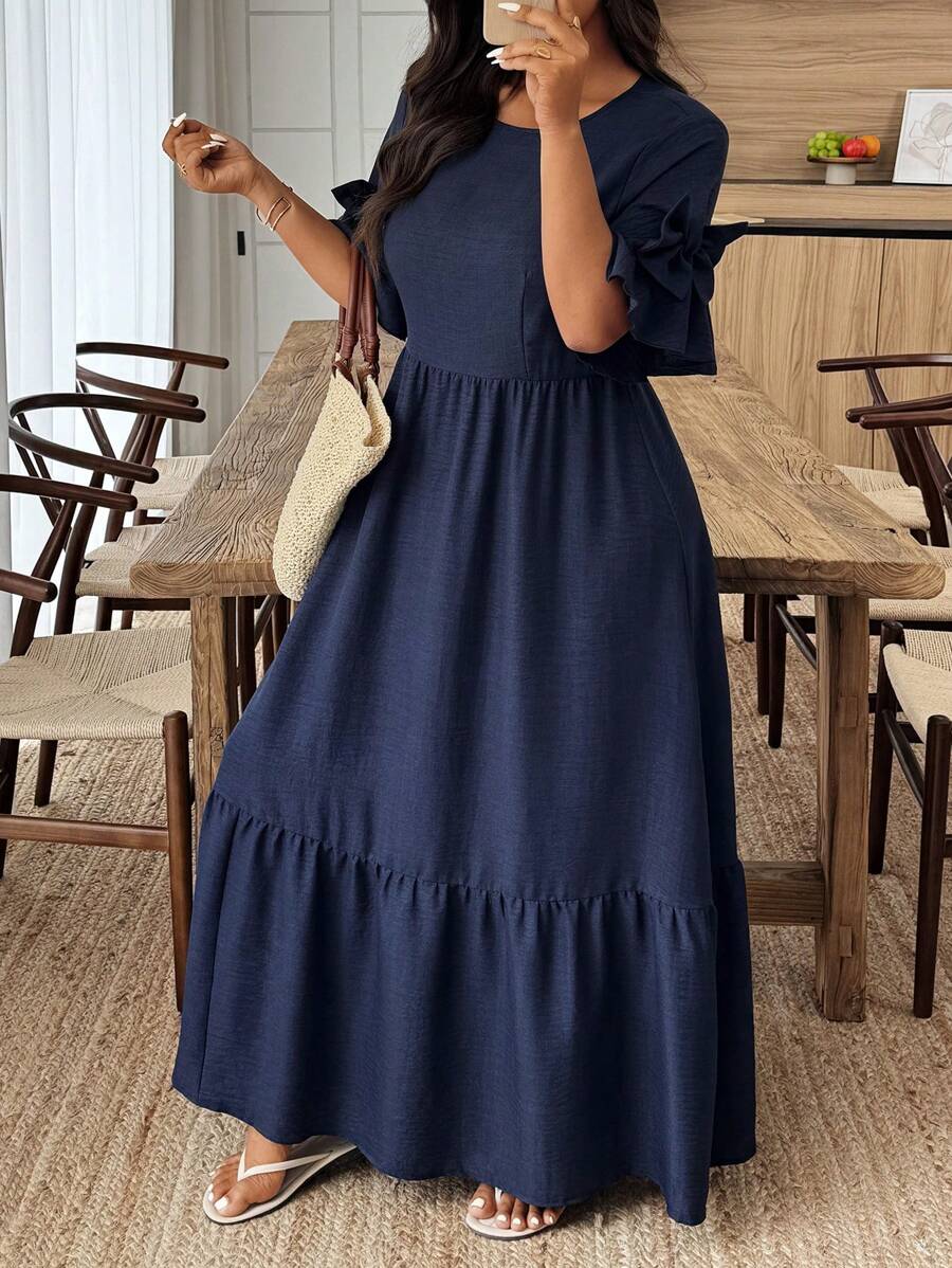 Weeklong Plus Size Women Plain Simple Short Sleeve Dress - Navy Blue - View 1
