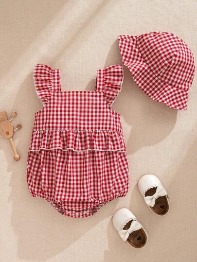 Souflis Souflis Baby Girls' Summer Sleeveless Off Shoulder Ruffled Bodysuit With Ruffled Trim Waistline Decoration +Bucket Hat Baby Summer Clothes Girl Baby Girl Clothes Nuteral Baby Outfits For Girls Baby Girl High Quality Clothing Baby Girl Clothes For Summer