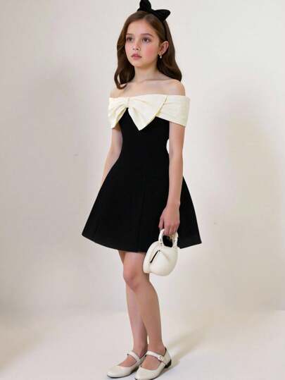 Girlism Vestido mini con hombros descubiertos y lazo en contraste para niñas preadolescentes, color negro, apto para volver al colegio, vestidos de otoño, vestidos de regreso a clases, fiestas, bodas, ocasiones de dama de honor