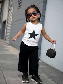 Baby Girls' Black And White Summer Casual City Break 2pcs Outfit,White Vest Top With Black Star Print&Black Cargo Pants,Cool Street Style For School - White - View 1