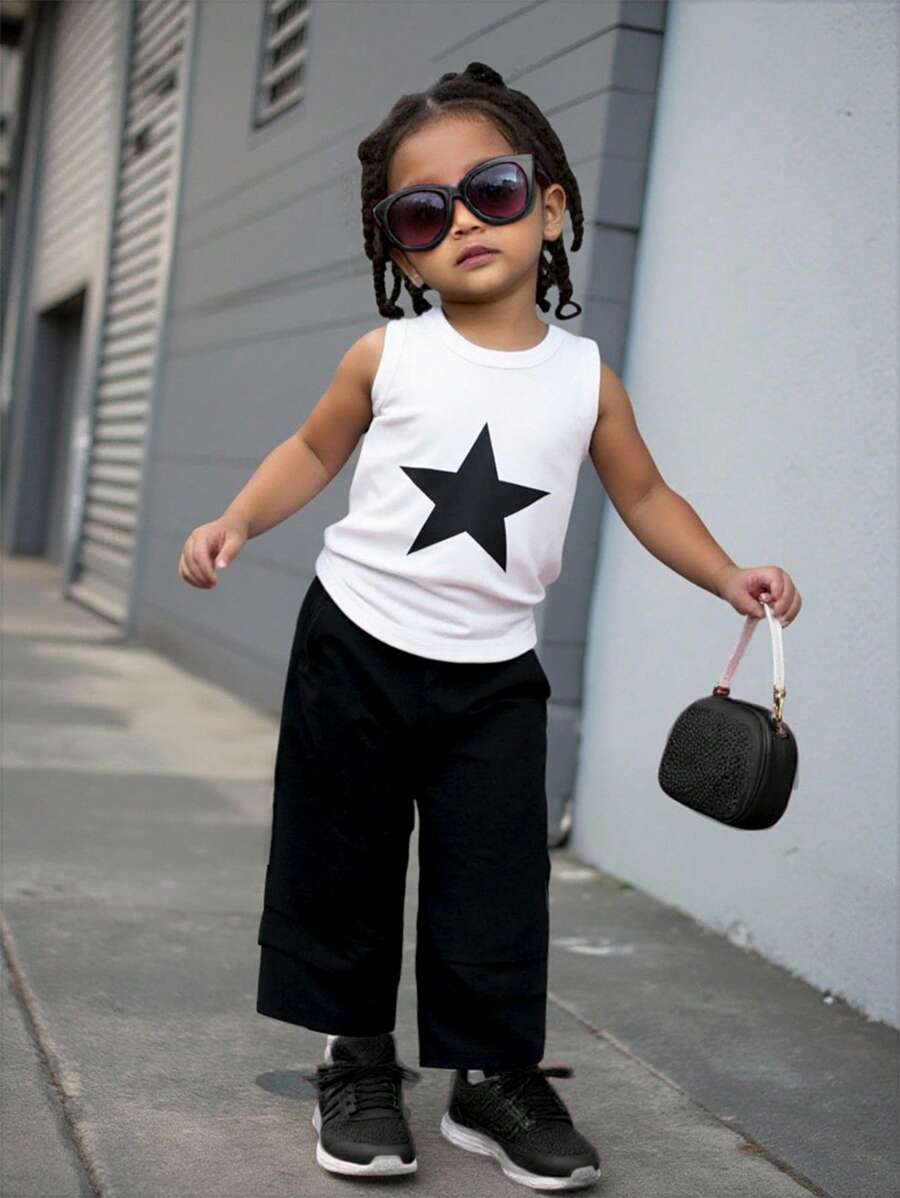 Baby Girls' Black And White Summer Casual City Break 2pcs Outfit,White Vest Top With Black Star Print&Black Cargo Pants,Cool Street Style For School - White - View 1
