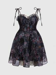 ROMWE Avant Váy 2 trong 1 in hoa toàn thân màu đen cổ điển cỡ lớn tuyệt đẹp có thể tháo rời nhiều chân váy - Phong cách cung điện, Váy sinh nhật, Váy đi biển, Váy xếp chồng, Váy - Nhiều màu - Xem 9