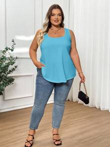 SHEIN CURVE+ Plus Size Sleeveless Casual Solid Color Blue Tank Top For Summer/Country/Beach Vacation - Blue - View 9