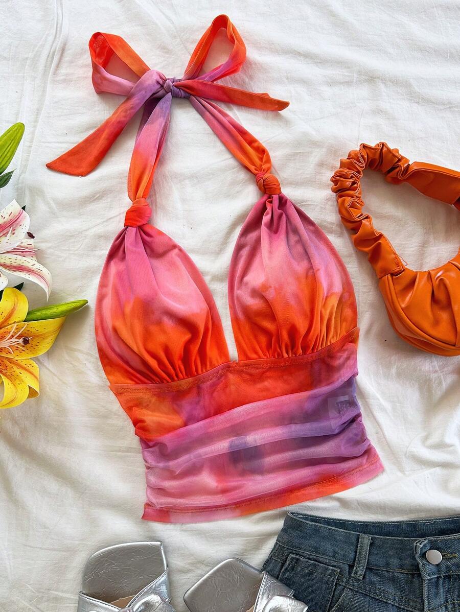 Soleia 女士度假针织网眼复古豹纹露背 V 领系带蝴蝶结褶皱网眼浪漫背心，适合约会、情人节、性感、派对、海滩巡游、复活节、狂欢节、下午茶 - 亮橙色 - 查看 1