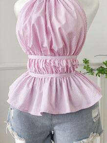 Comfortcana Plus Size Women Striped Ruffle Detail Halter Neck Casual Tank Top - Blue and White - View 5