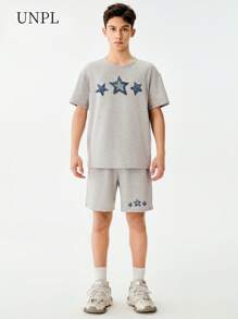 SHEIN Teen Boys Star Print T-Shirt & Shorts Set For Summer