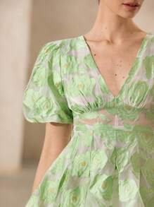 Aveloria 意大利风格女式花卉提花深V领泡泡袖荷叶边下摆迷你连衣裙