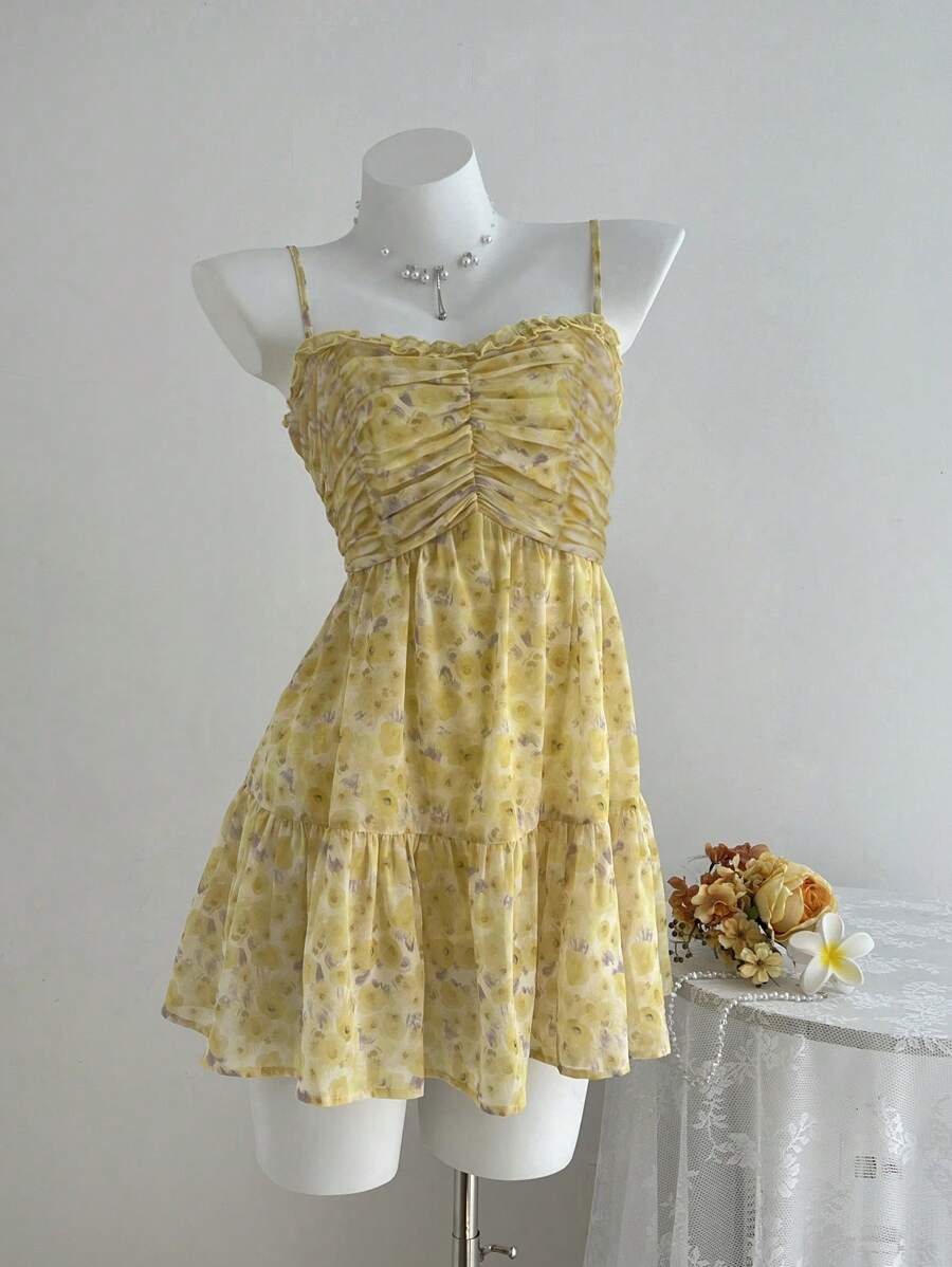 SHEIN Unity Women's Casual Vacation Versatile Fashion Tie Dye Rose Ditsy Floral Ruched Strap Mini Dress, Spring/Summer - Yellow - View 1