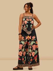 Travachic 大码女式热带夏季波西米亚图案印花背心和裤子两件套 - 黑色 - 查看 4