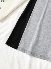 女孩青少年休闲度假黑灰色拼布针织 Polo 领短袖字母印花中长连衣裙，简约风格 - 淺灰色 - 查看 3