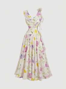 SHEIN MOD Scoop Neck Floral 3D Decor Romantic Floral Summer Vacation Dress,Bohemian Clothes