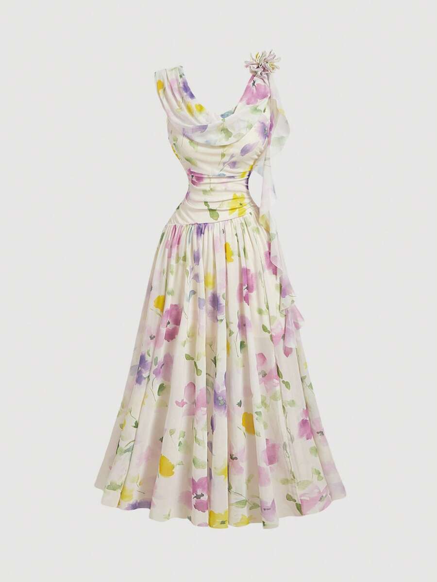 SHEIN MOD Scoop Neck Floral 3D Decor Romantic Floral Summer Vacation Dress,Bohemian Clothes