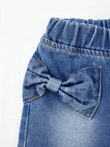 Denimly 女童休闲日常都市街头可爱蝴蝶结装饰简约百搭牛仔短裤 - 中等水洗藍 - 查看 6