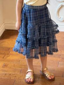 DAZY 年轻女孩松紧腰格子网纱时尚可爱韩版中长裙女童夏装 - 藍色 - 查看 3
