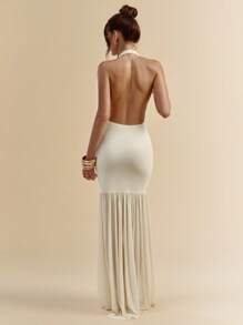 SHEIN BAE 夏季纯色露背米色紧身透视优雅淑女网眼连衣裙，海滩度假网眼长裙，波西米亚风格连衣裙 - 杏色 - 查看 2