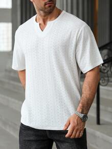 Manfinity Homme Plus Size Men's Summer Casual Solid Color Notch Neck Hollow Out T-Shirt - White - View 6