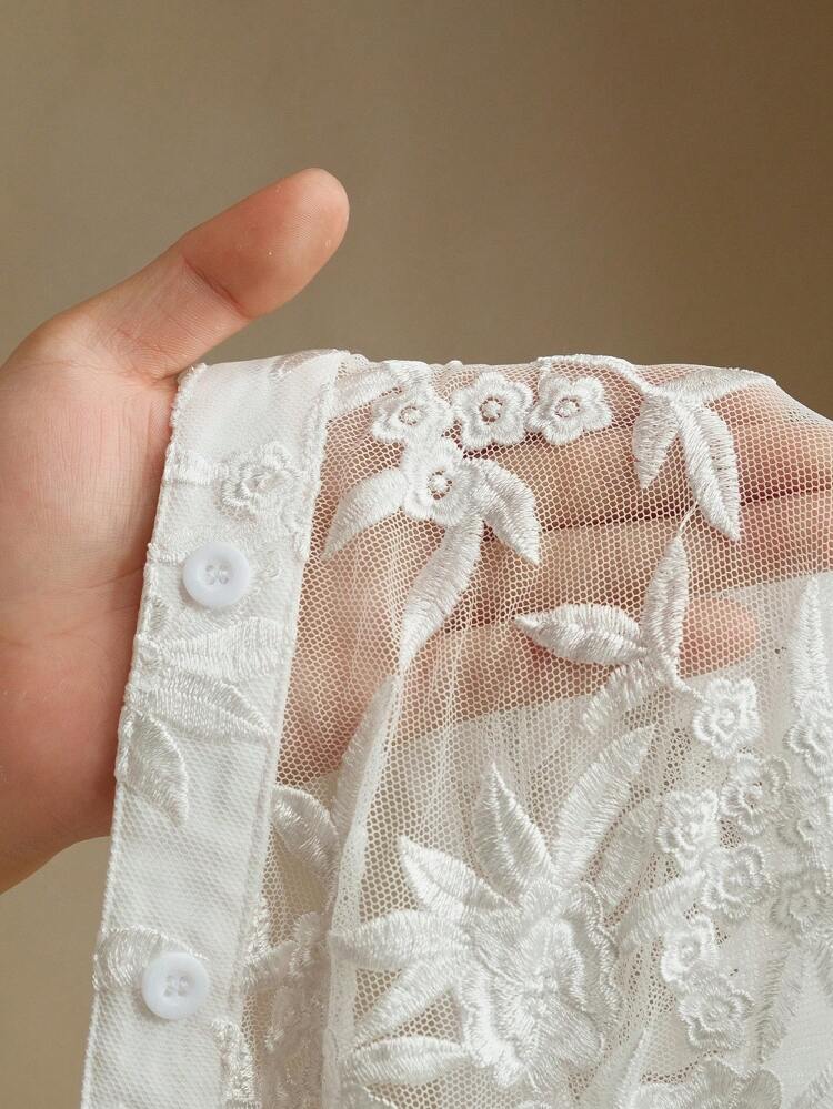 Summer Sexy Elegant Semi-Sheer Embroidered Long Sleeve Blouse