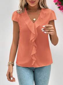 SHEIN Clasi 夏季纯色荷叶边V领休闲短袖衬衫 - 亮橙色 - 查看 4