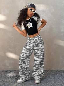 Coolane Kids 青少年女孩春夏街头服饰迷彩图案直筒宽松直筒裤 - 黑色 - 查看 6