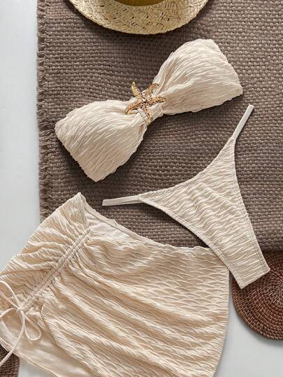 Swim Chiccia 3pcs Textured Strapless Starfish Decor Bikini Swimwear Set, Sexy Beach Clothes For Summer Beach Vacation Rave Lollapalooza