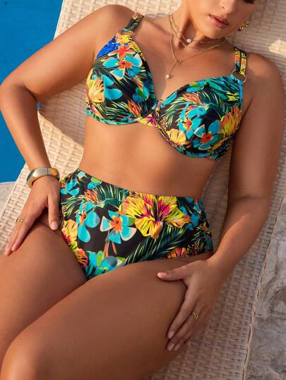 Swim Lushoire Plus Size 2Pcs Tropical Print Soft Cup Bikini Set, Beach Vacation Style,Beach Outfits For Woman,Underwire Bikini For Summer