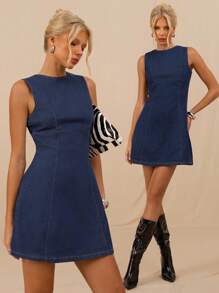 SHEIN Forever 21 Ropa de mujer para verano: romántica/de fiesta/formal/de cumpleaños/de los 90/casual de negocios/elegante/de occidente/para salir/de moda/casual/de Y2K/de club/de oficina/de cóctel/vintage/ajustada/de rave/festival/divertida/de clase alta/de dinero viejo/urbana/de vacaciones/de concierto de country/de trabajo/modesta/de spring break/de despedida de soltera/de concierto/exclusiva/básica/de graduación/de corte A/de vaquera/vestido vaquero corto - Azul lavado oscuro - Ver 1