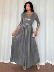 Strévra Women V-Neck Waist Cinched Long Dress