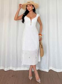 DAZY Women's Spaghetti Strap Waist Wrap Textural Fishtail Hem Dress,Beach Outfits - White - View 5