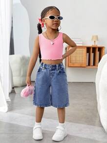SHEIN شورت جينز فضفاض أزرق مطرز بفيونكة وردية للفتيات الصغيرات، ملابس صيفية وربيعية كاجوال للعطلات والشاطئ والأزياء الغربية، مناسب لحفلات الربيع والمهرجانات - الأزرق - مشاهدة 5
