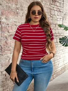 SHEIN LUNE Plus Size Colorblock Striped Round Neck Regular Shoulder Short Sleeve Casual T-Shirt, Summer,Business Casual Woman - Red - View 5