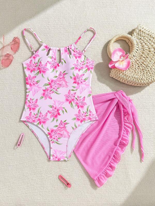 Costum de baie dintr-o singură piesă pentru fete preadolescente, model floral roz, decolteu decupat, fustă cu volane, costum de baie elegant pentru femei, la modă, potrivit pentru înot, vacanță, vară