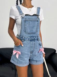 SHEIN 少女粉色蝴蝶结和蓝色牛仔连体衣，春夏休闲度假乡村波西米亚风装 - 淺色水洗藍 - 查看 2